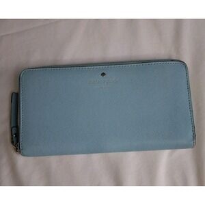 Kate Spade Wallet Zip Around Light Blue Leather Travel Gold Tone Logo Soft Girl